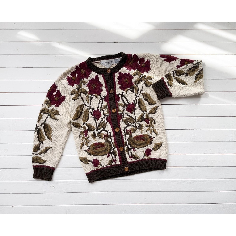 90s vintage‎ Eagle's Eye duck bird hand knit wool cardigan sweater